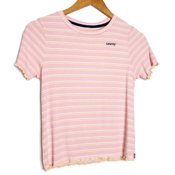 Levi's Pink White Yellow Stripe Ribbed Lettuce Trim T Shirt Top Juniors - Picture 2 of 16